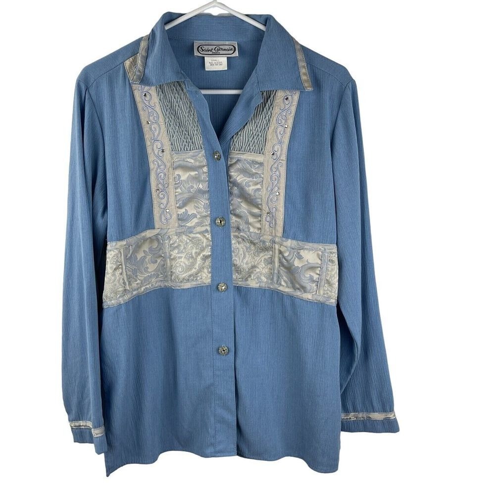 Vintage Saint Germain Embroidered Studded Shirt Womens M Blue Button Western 80s